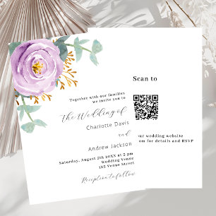 Convites Verde floral violeta com código QR RSVP casamento