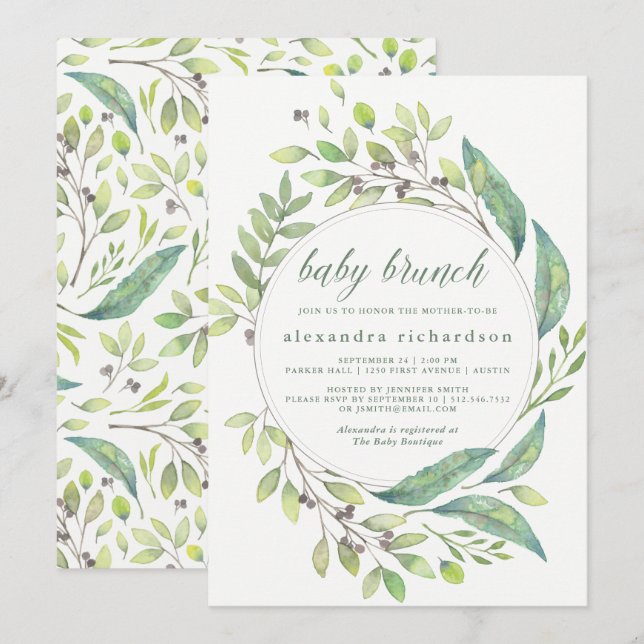 Convites Verde-folha| Watercolor Wreath Baby Brunch (Frente/Verso)