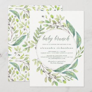 Convites Verde-folha  Watercolor Wreath Baby Brunch