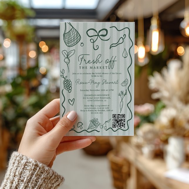 Convites Verde Fresco Direto do Mercado Desenhado à Mão QR  (Green Fresh Off the Market Hand Drawn QR Bridal Invitation)