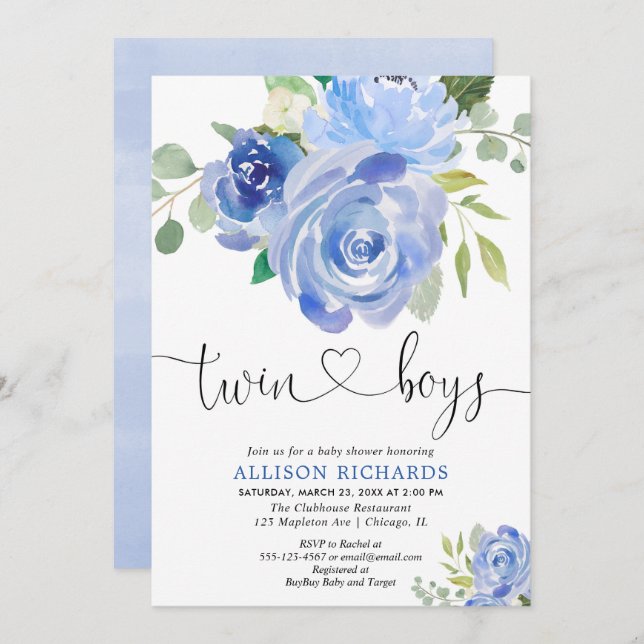 Convites Verde gêmeo do marinho do chá de fraldas dos (Frente/Verso)