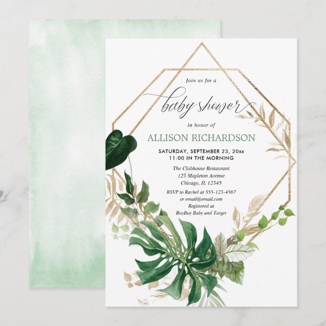 Convites Verde geométrico de ouro moderno neutro em termos  (Frente/Verso)