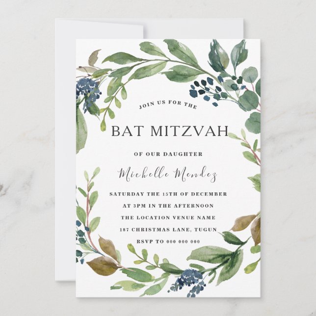 Convites Verde Leaf Wreath Modern Bat Mitzvah Bar Mitzvah (Frente)