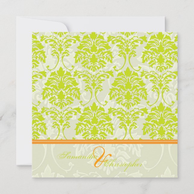 Convites Verde limão Damask on Ivory Damask/laranja accent (Frente)