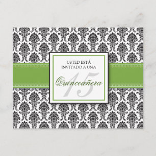 Convites Verde limão ESPANHOL Damask Quinceañera Invitación