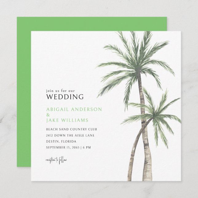Convites Verde limão Palm Tree Wedding (Frente/Verso)
