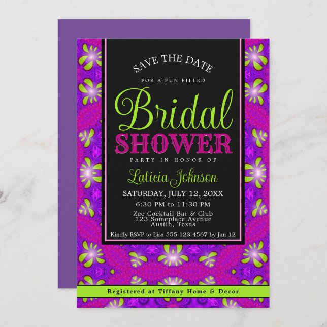 Convites Verde limão rosa púrpura Chá de panela moderno (Frente/Verso)