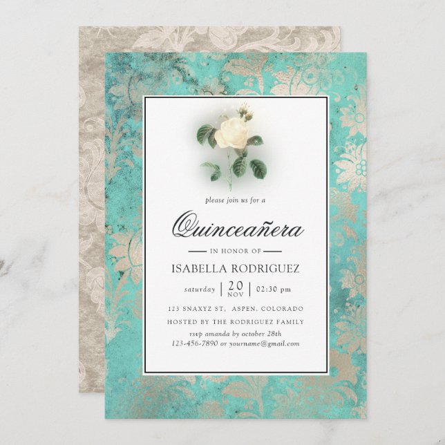 Convites Verde Menta e Pérola Floral Damasco Quinceañera (Frente/Verso)