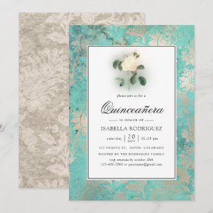 Convites Verde Menta e Pérola Floral Damasco Quinceañera