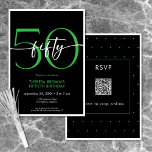 Convites Verde Mínimo Moderno 50 Script Aniversário QR<br><div class="desc">Moderno e chic, este convite de aniversário combina preto clássico e branco com sotaques de verde limão brilhante. É um design mínimo é um design simples e divertido para celebrar o aniversário do marco. A parte traseira retém uma área para um código QR para resposta RSVP. Criado pela imprensa simplesmente...</div>