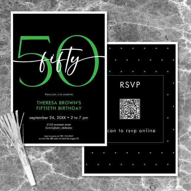 Convites Verde Mínimo Moderno 50 Script Aniversário QR (Modern Minimal Green Fifty Script Birthday QR Invitation)