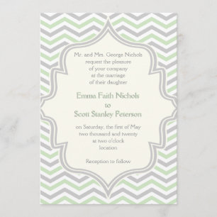 Convites Verde moderno, casamento com Chevron Zigzag cinza