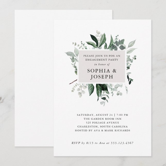 Convites Verde Moderno Simples| Festa de noivado (Frente/Verso)