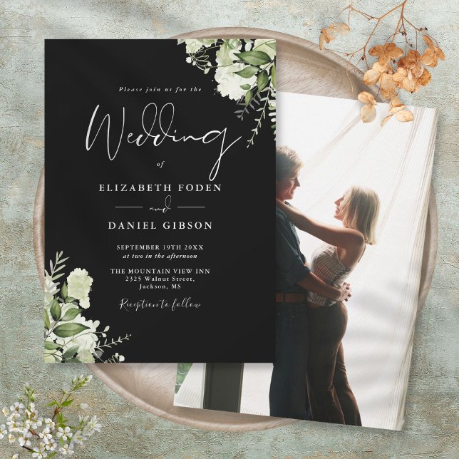 Convites Verde Negro Branco Elegante Deixa Casamento Foto (Black White Elegant Greenery Leaves Photo Wedding Invitation)