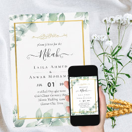 Convites Verde NIKAH WALIMAH Eucalyptus CÓDIGO QR DOURADO