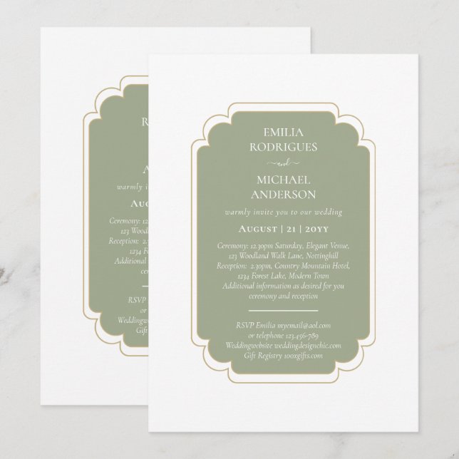 Convites Verde Oleícola De Casamento BILINGUAL Duplo (Frente/Verso)