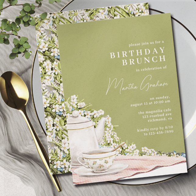 Convites Verde-oliva | Elegante Vintage Tea Birthday Brunch (Criador carregado)