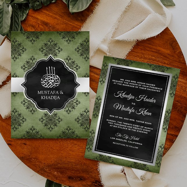 Convites Verde Oliva Prata Preto Damasco Casamento Muçulman (Criador carregado)