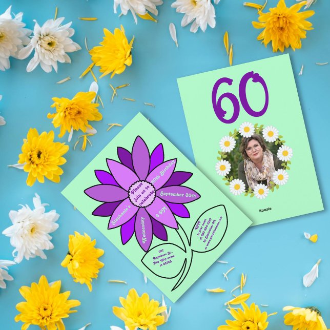 Convites Verde pálido 60.º Aniversário Girassol Roxo Simple (Criador carregado)