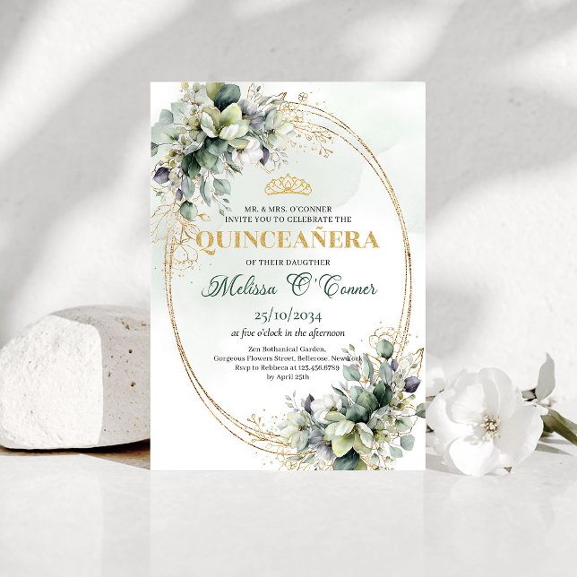 Convites Verde Poeira e Dourado para Quinceañera (Greenery And Gold Quinceañera Dusty Green Invitation)