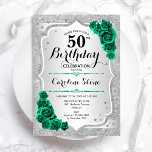 Convites Verde Prata Floral 50º Aniversário Elegante Verde<br><div class="desc">50º Convite de aniversário. Elegante design verde esmeralda floral com rosas. Apresenta faixas de prata com brilho inverso e fonte de script. Perfeito para uma comemoração de dia das mulheres na moda. Pode ser personalizado para qualquer idade! Impressos convites Zazzle ou modelo de impressão digital instantânea para download.</div>