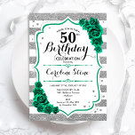 Convites Verde Prata White Stripes Floral 50º Aniversário<br><div class="desc">50º Convite de aniversário. Elegante design verde esmeralda floral com rosas. Funciona com linhas cintilantes prateadas e brancas e letra de script. Perfeito para uma comemoração de dia das mulheres na moda. Pode ser personalizado para qualquer idade! Impressos convites Zazzle ou modelo de impressão digital instantânea para download.</div>