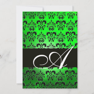 Convites VERDE PRETO DAMASCO MONOGRAMA , branco brilhante