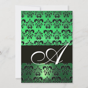 Convites VERDE PRETO MONOGRAMA DAMASCO ,branco brilhante