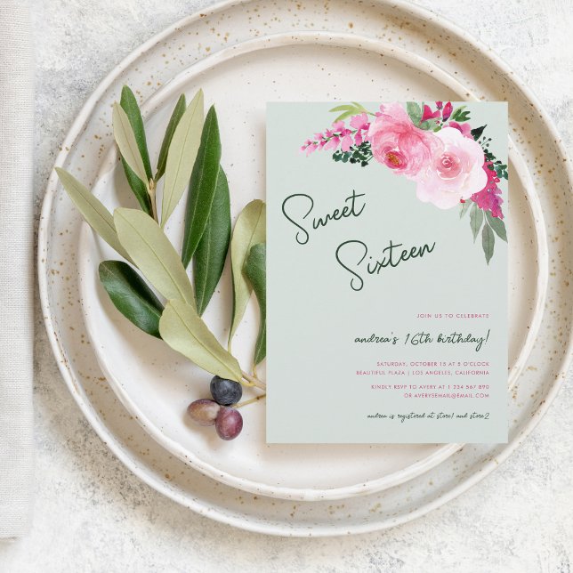 Convites Verde Rosa Pintado Verde Suave 16 Festa de anivers (Criador carregado)