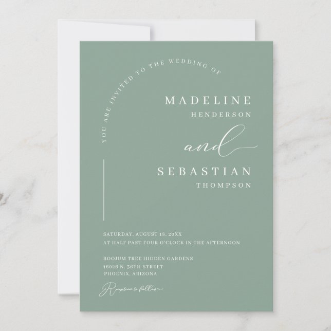 Convites Verde Salvia Boho Arco Moderno Foto Casamento (Frente)