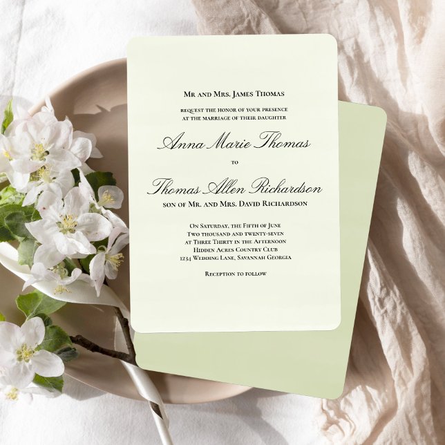 Convites Verde Salvia Botânico Clássico Casamento com Letra (Classic formal sage green invitation with elegant script and timeless layout.)