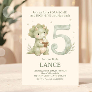 Convites Verde Sálvia Dinossauro Fofo 5º Aniversário
