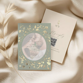 Convites Verde Salvia Dourado Floral Foto Casamento