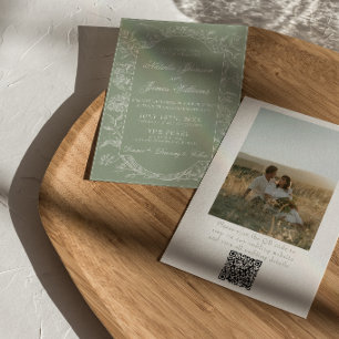 Convites Verde Salvia Floral Boho Código QR Foto Casamento