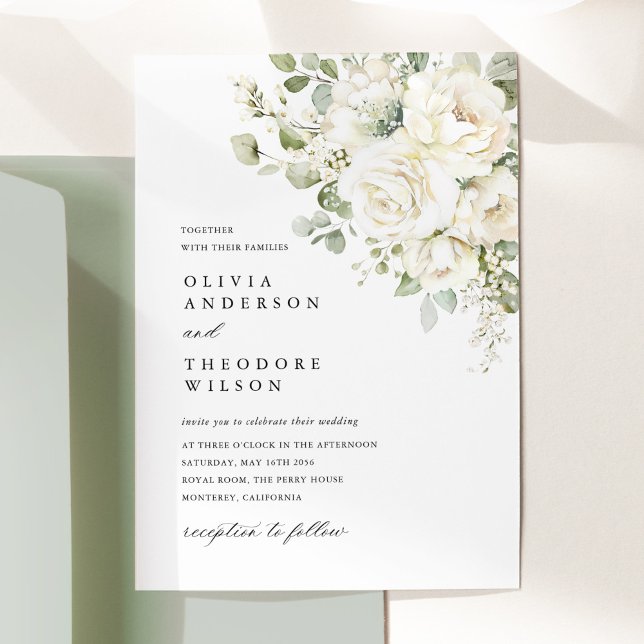 Convites Verde Sálvia Floral Branco Aquarela Casamento Eleg (Sage green white floral watercolor wedding invitation card, bouquet design, wedding stationery)