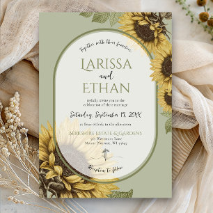 Convites Verde Salvia Girassol Vintage Simples Casamento de