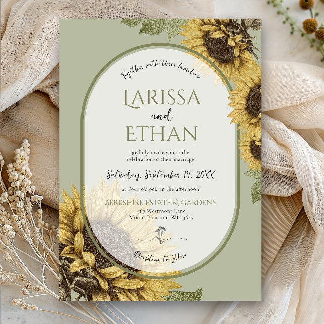 Convites Verde Salvia Girassol Vintage Simples Casamento de (Vintage sunflower sage green gold brown modern fall botanical wildflower QR code wedding invitation)