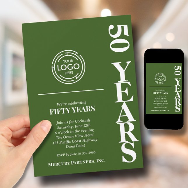 Convites Verde sobre o logotipo comercial (Green business anniversary invitations feature your business logo at the top)