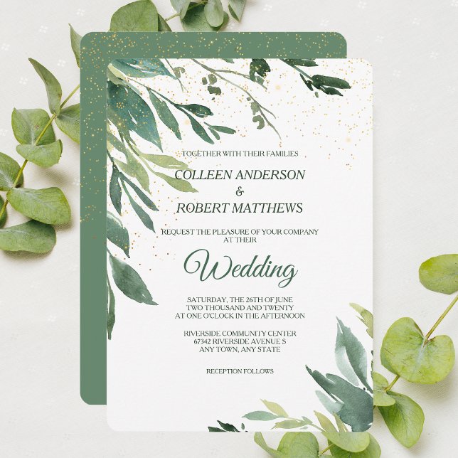 Convites Verde Suave Deixa Casamento Moderno Confetti Doura (Criador carregado)