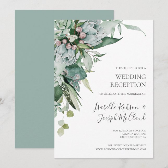 Convites Verde Suculento | Recepção de Casamento em Verde S (Frente/Verso)