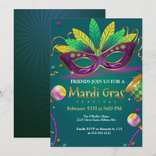 Convites Verde Teal Mascarada Mask Mardi Gras Party