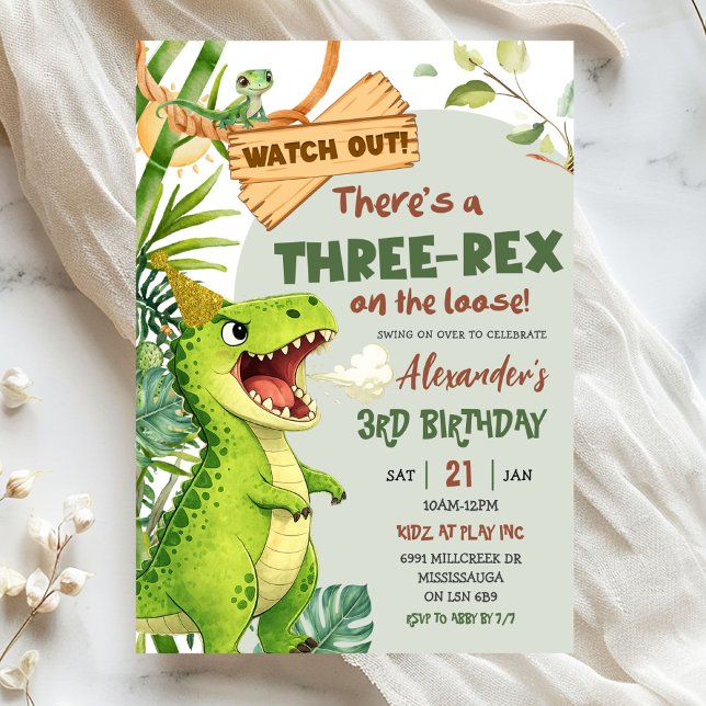 Convites Verde Três Rex Solto Terceiro Aniversário (Criador carregado)
