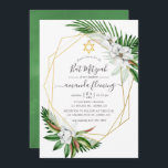 Convites Verde tropical Aquarela Geométrica Bat Mitzvah<br><div class="desc">Folhas tropicais e magnólias brancas bat mitzvah convidam com moldura geométrica dourada e tipografia elegante de escrita manual.</div>