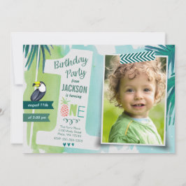 Convites Verde Tropical & Azul Jungle Watercolor Boy