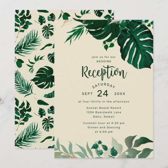 Convites Verde tropical com Recepção de casamento de folhag (Frente/Verso)