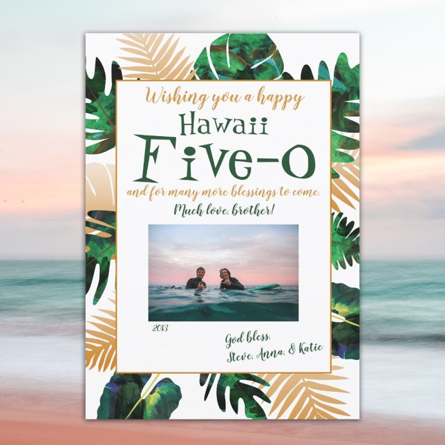Convites Verde Tropical deixa Havaí 5-0 50 o aniversário (hawaii 5-0 five-o 50th birthday greeting card tropical leaves green gold)