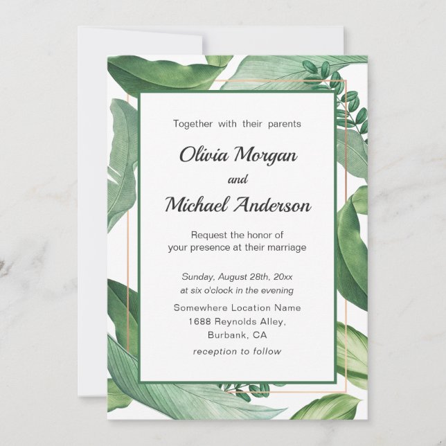Convites Verde tropical e Dourado quadro. Modern Wedding (Frente)