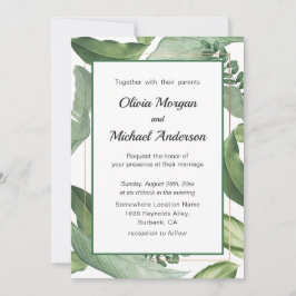 Convites Verde tropical e Dourado quadro. Modern Wedding