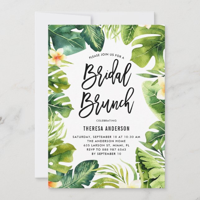 Convites Verde tropical e Plumeria Bridal Brunch (Frente)