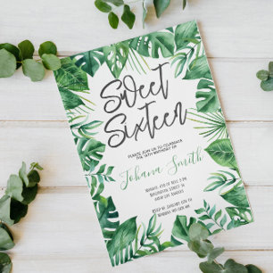 Convites Verde Tropical Monstera Doce Dezesseis Aniversário